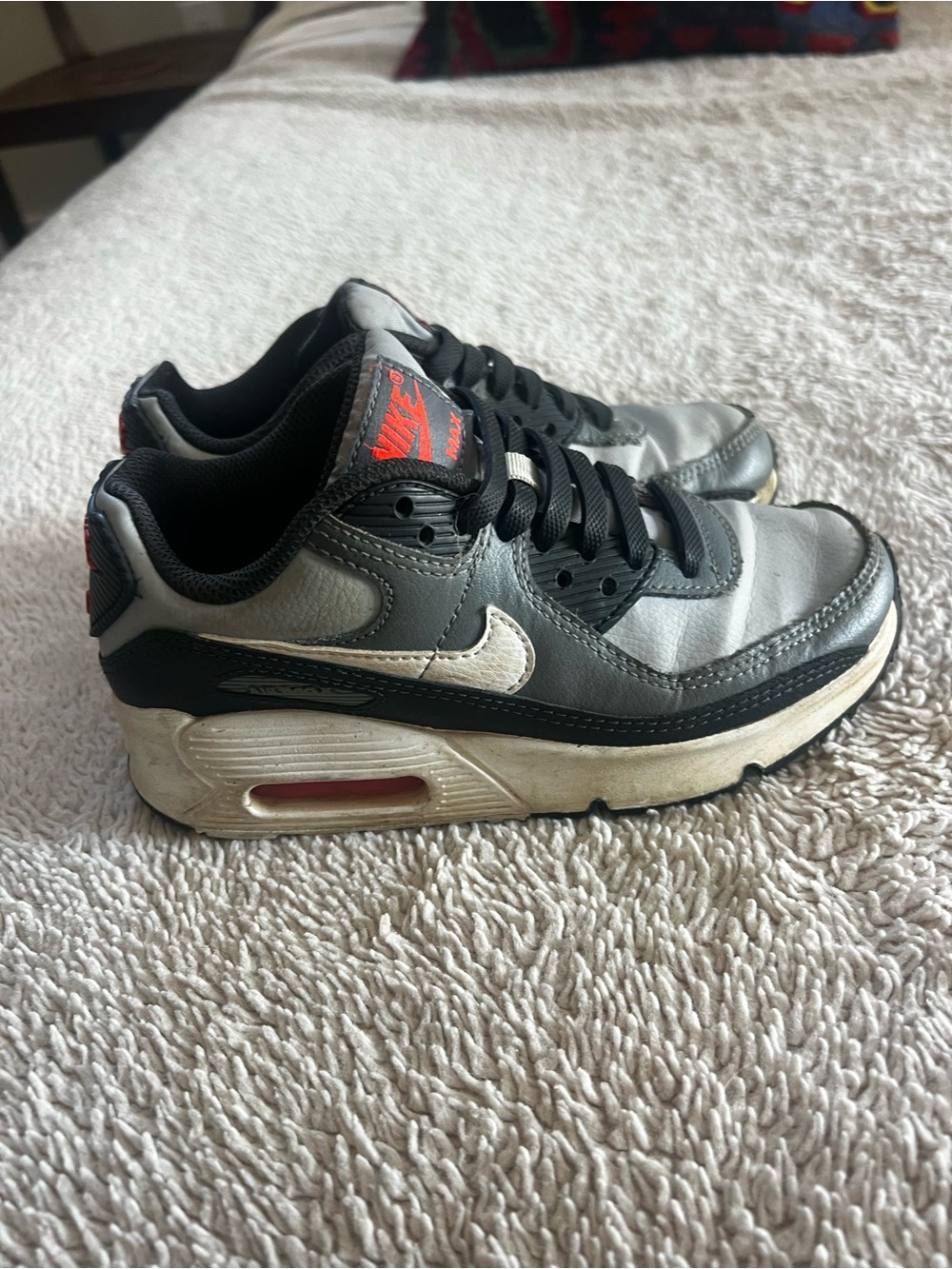 Nike Kids Grey and Black Air Max Sneakers with White Swoosh and Red Accents